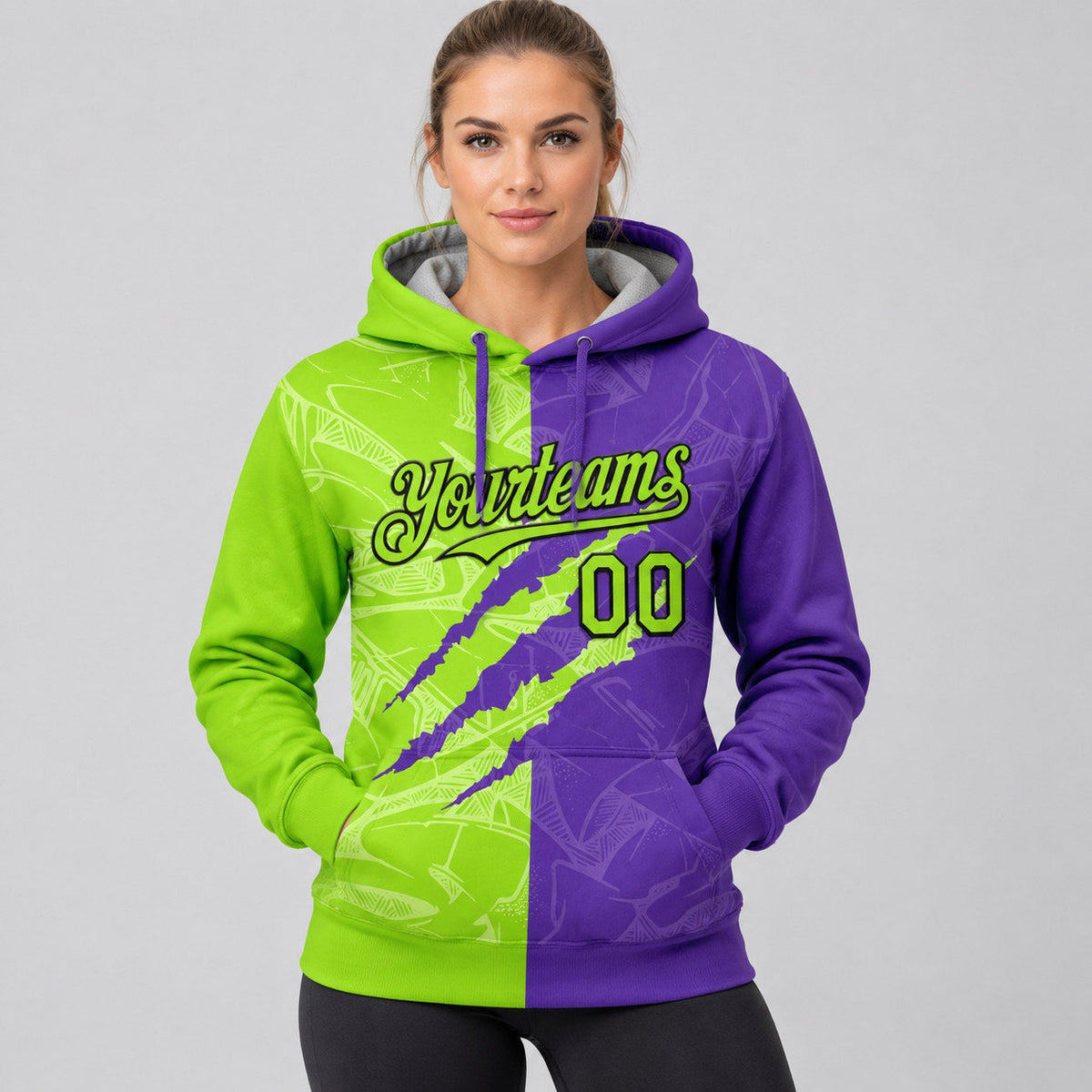 Custom Neon Green Graffiti Scratch Pullover Hoodie with Purple and Black Lettering worn by female model
