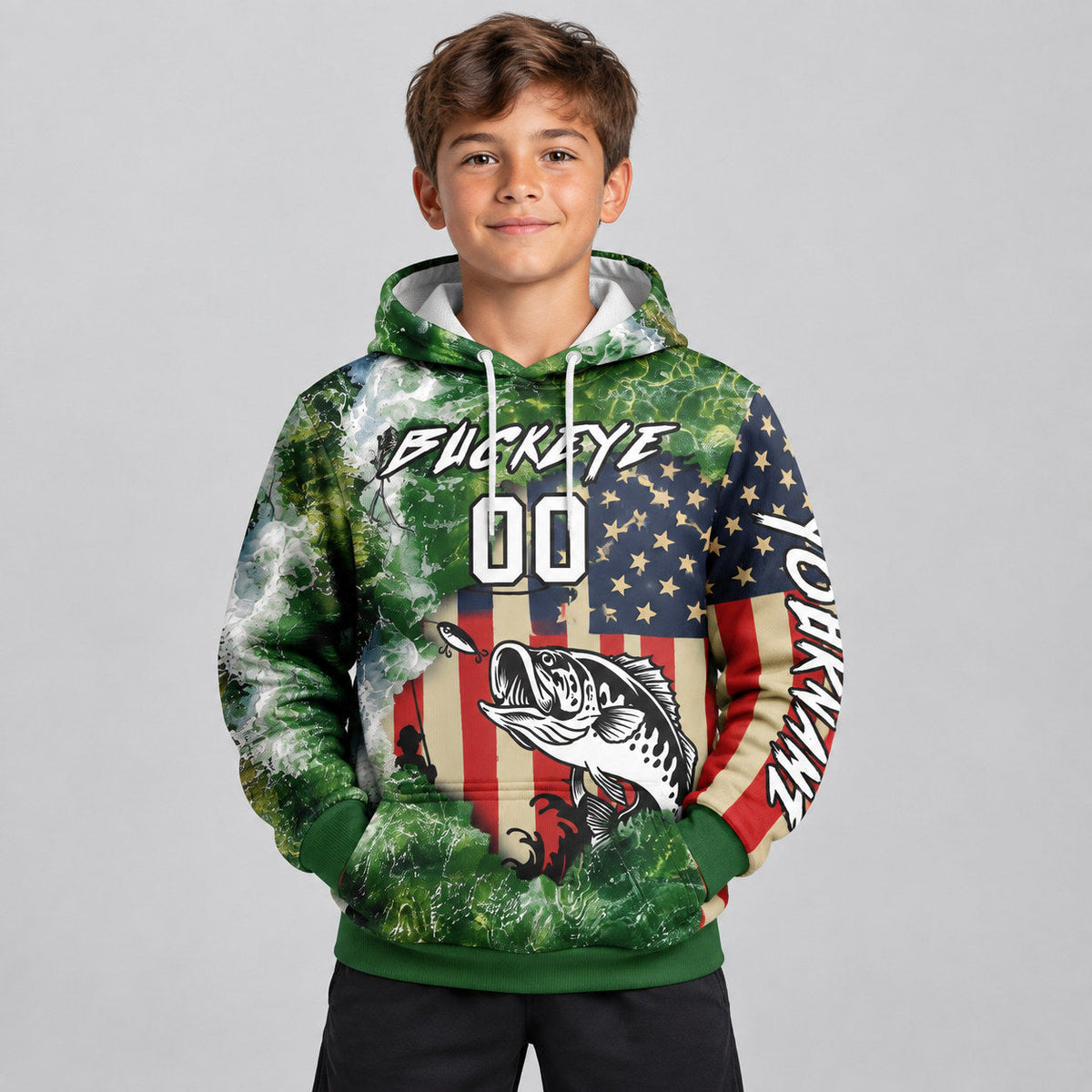 Custom Aurora Green American Flag Fishing Pullover Hoodie with White and Black Lettering youth size worn by child model