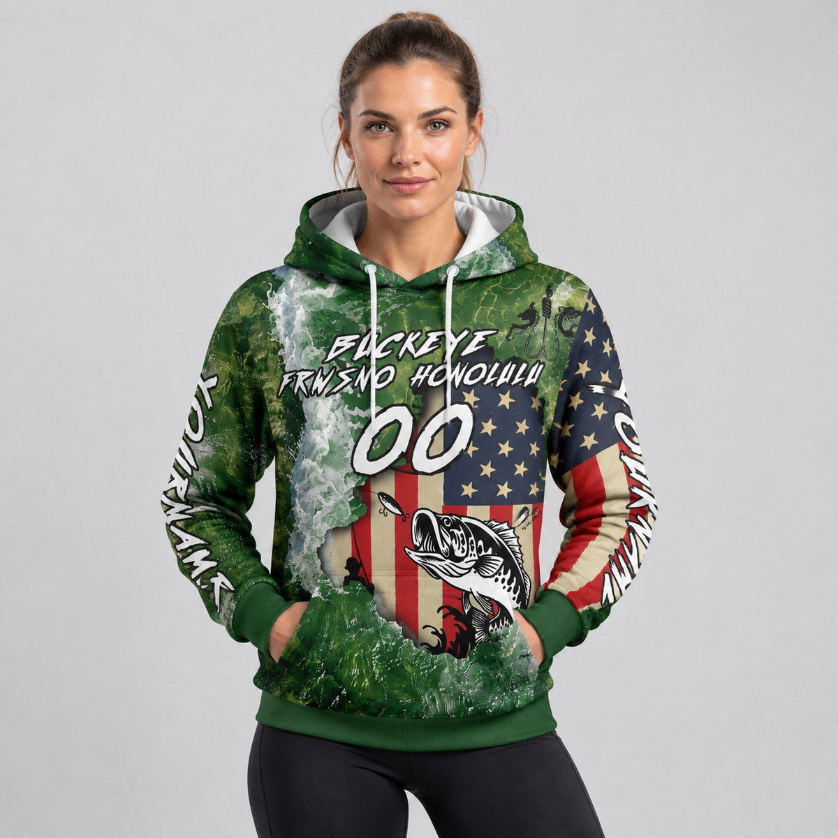 Custom Aurora Green American Flag Fishing Pullover Hoodie with White and Black Lettering worn by female model