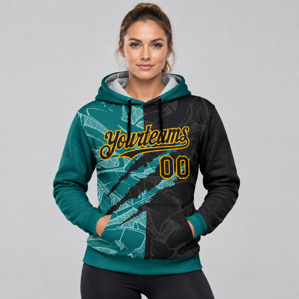 Custom Black Graffiti Scratch Pullover Hoodie with Teal and Gold Lettering worn by female model