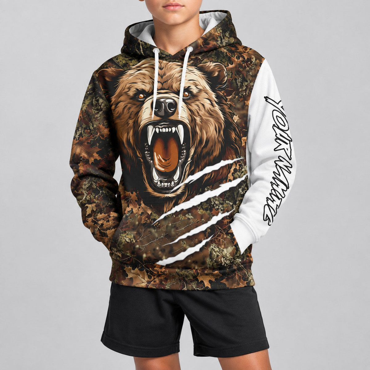 Custom Black and White Camo Bear Hunting Pullover Hoodie youth size worn by child model