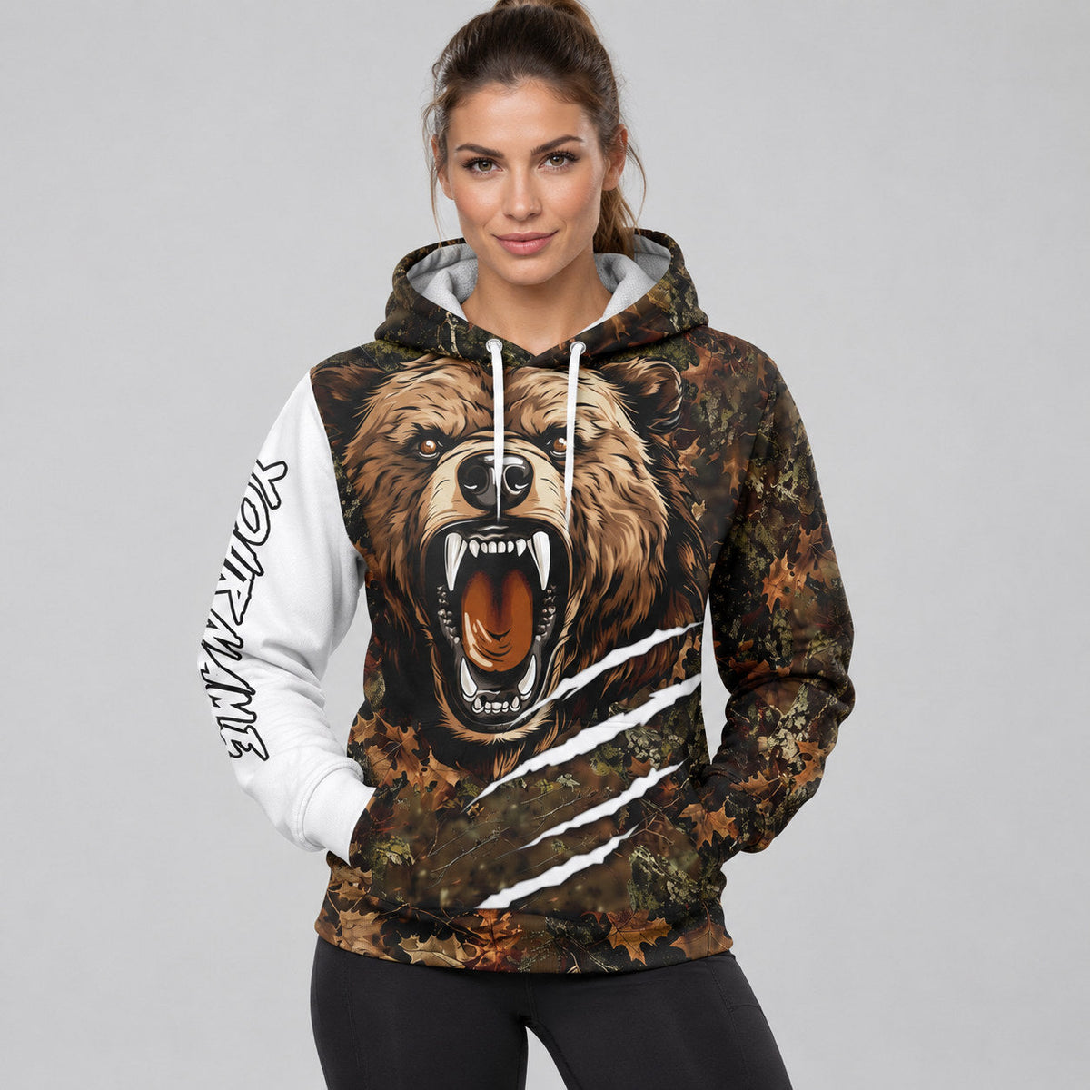 Custom Black and White Camo Bear Hunting Pullover Hoodie worn by female model