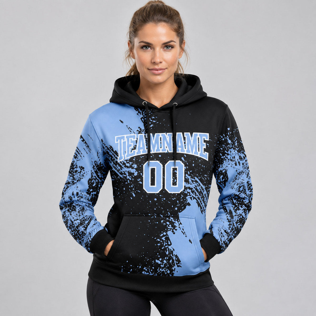 Custom Black Abstract Brush Stroke Pullover Hoodie with Light Blue and White Lettering worn by female model