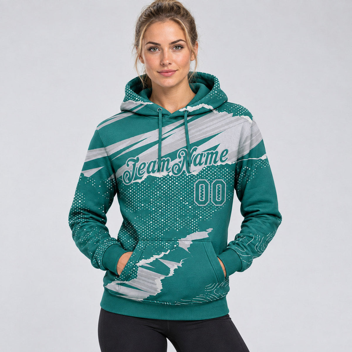 Custom Teal Torn Paper Pullover Hoodie with Gray Lettering worn by female model