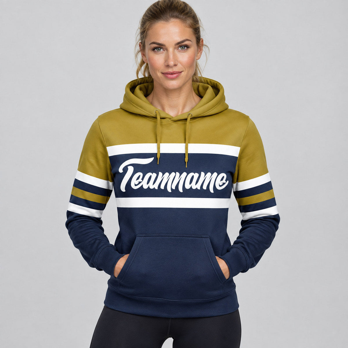 Custom Navy Line Pullover Hoodie with White and Old Gold Lettering worn by female model