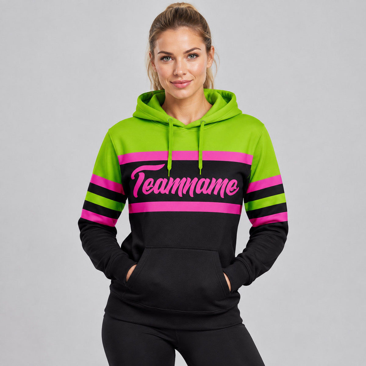 Custom Black Line Pullover Hoodie with Pink and Neon Green Lettering worn by female model