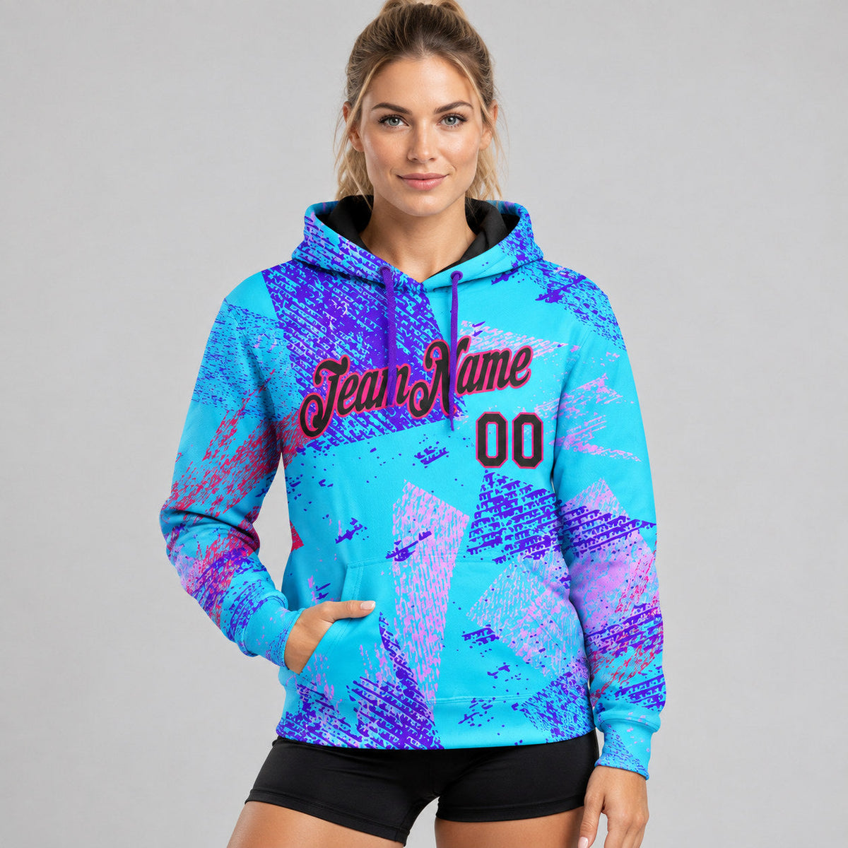 Custom Ice Blue Halloween Abstract Brush Stroke Pullover Hoodie with Black and Hot Pink Lettering worn by female model