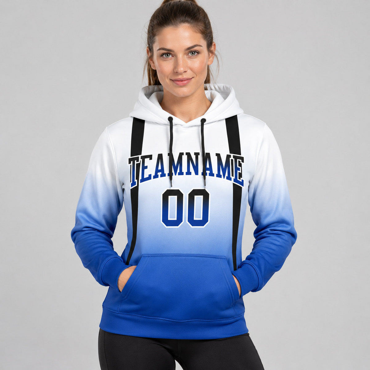 Custom White Fade Line Pullover Hoodie with Black and Royal Lettering worn by female model