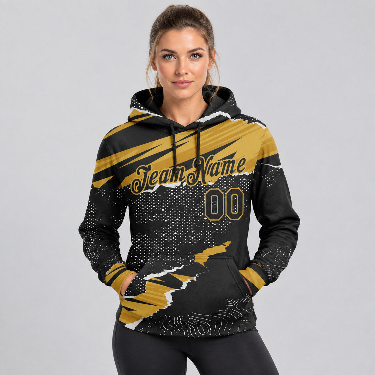 Custom Black Torn Paper Pullover Hoodie with Old Gold Lettering worn by female model