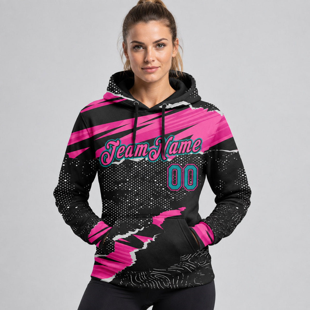 Custom Black Torn Paper Pullover Hoodie with Teal and Pink Lettering worn by female model