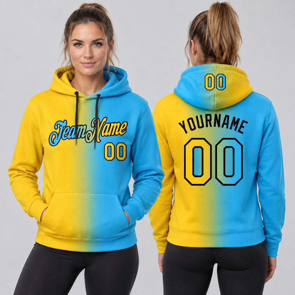 Custom Sky Blue Gradient Pullover Hoodie with Gold and Black Lettering worn by female model