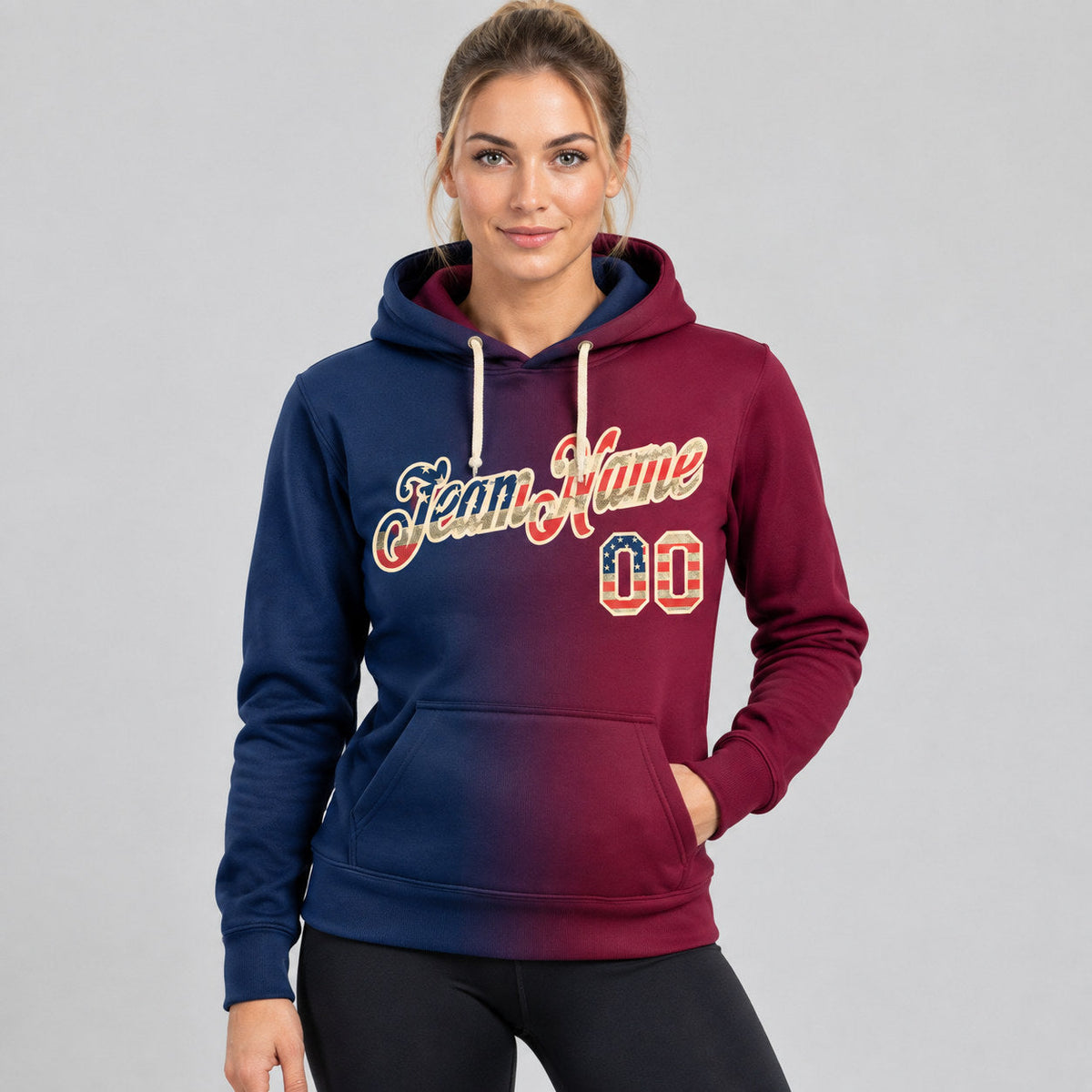 Custom Navy Vintage USA Flag Gradient Pullover Hoodie with Maroon and City Cream Lettering worn by female model