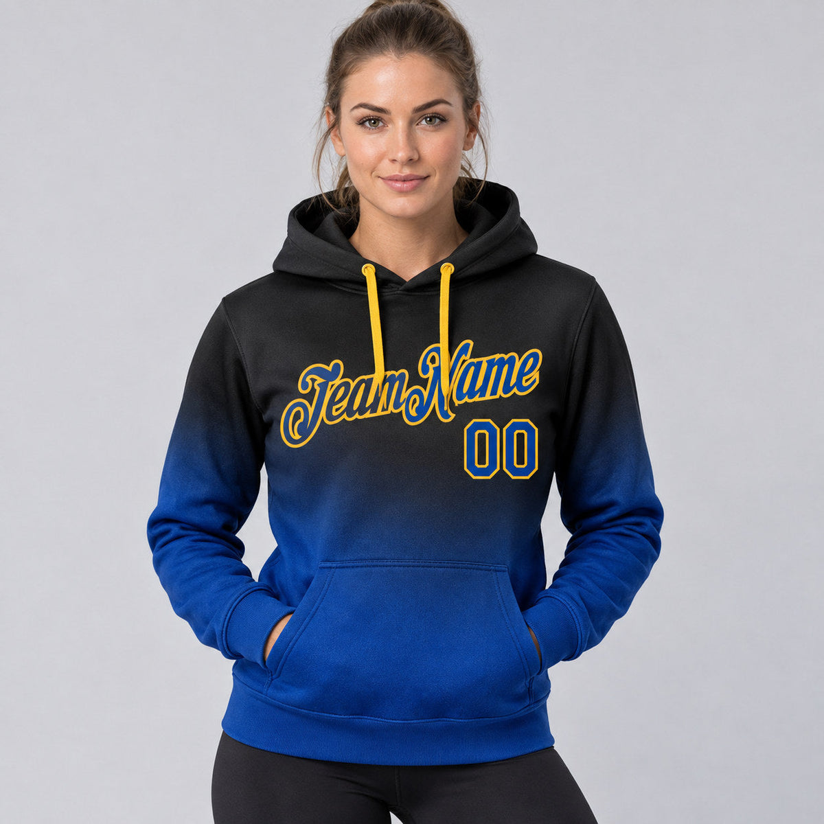 Custom Black Gradient Pullover Hoodie with Royal and Gold Lettering worn by female model
