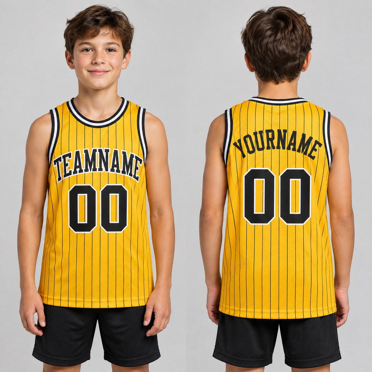 Custom Gold and Black Pinstripe Authentic Basketball Jersey with Black and White Lettering Design 0372 youth size worn by child model