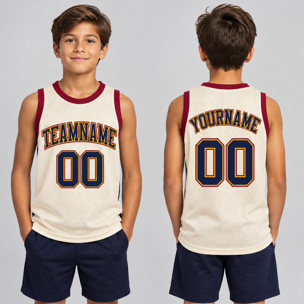 Custom Cream and Navy Authentic Throwback Basketball Jersey with Yellow and Maroon Lettering youth size worn by child model