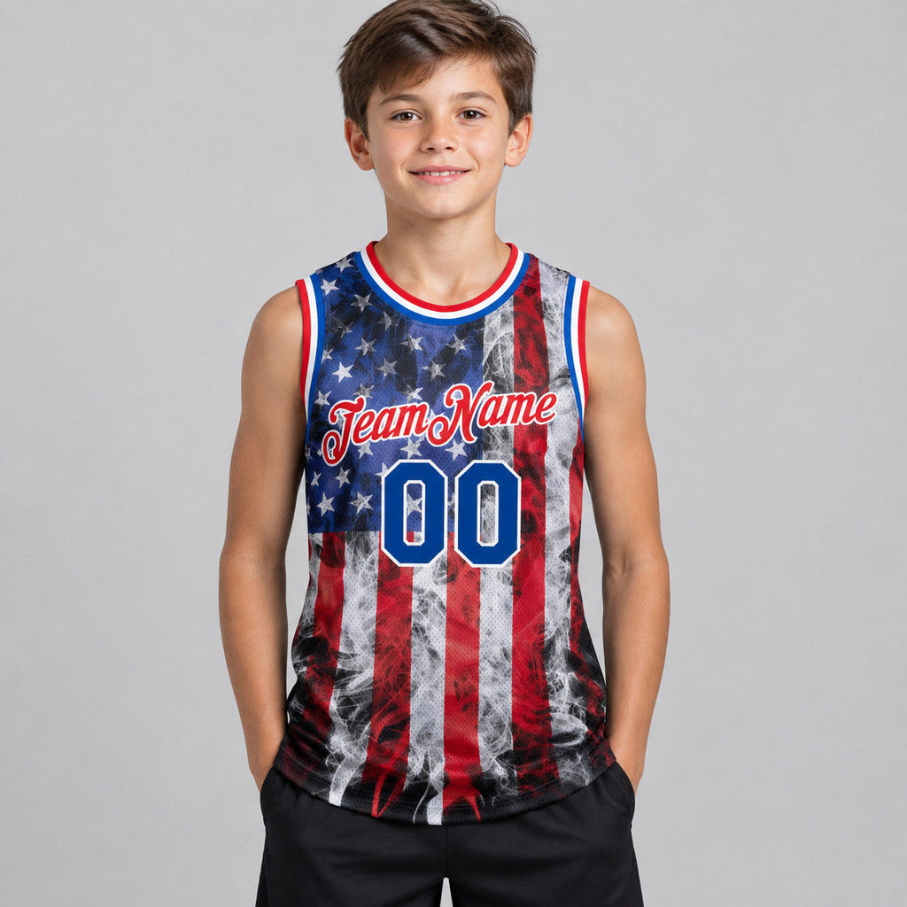 Custom White American Flag Authentic Basketball Jersey with Royal and Red Lettering Design 1897 youth size worn by child model