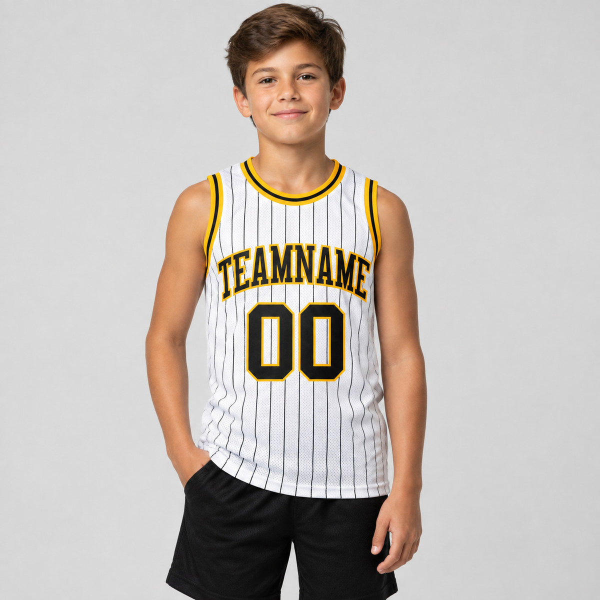 Custom White and Black Pinstripe Authentic Basketball Jersey with Black and Gold Lettering youth size worn by child model