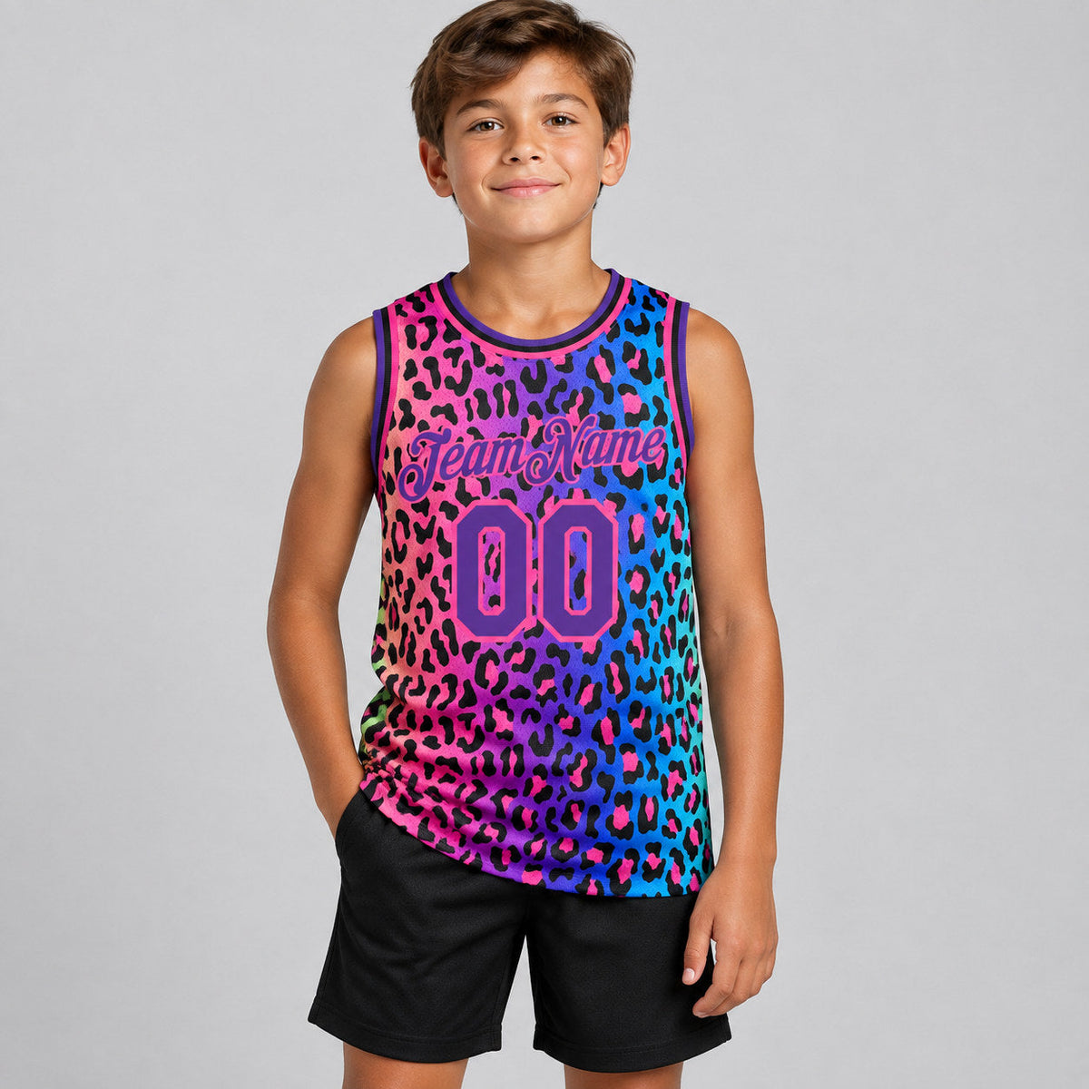 Custom Purple Leopard Print Authentic Basketball Jersey with Pink and Black Lettering youth size worn by child model