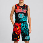 Custom Aqua and Red Figure Round Neck Sublimated Basketball Jersey youth size worn by child model
