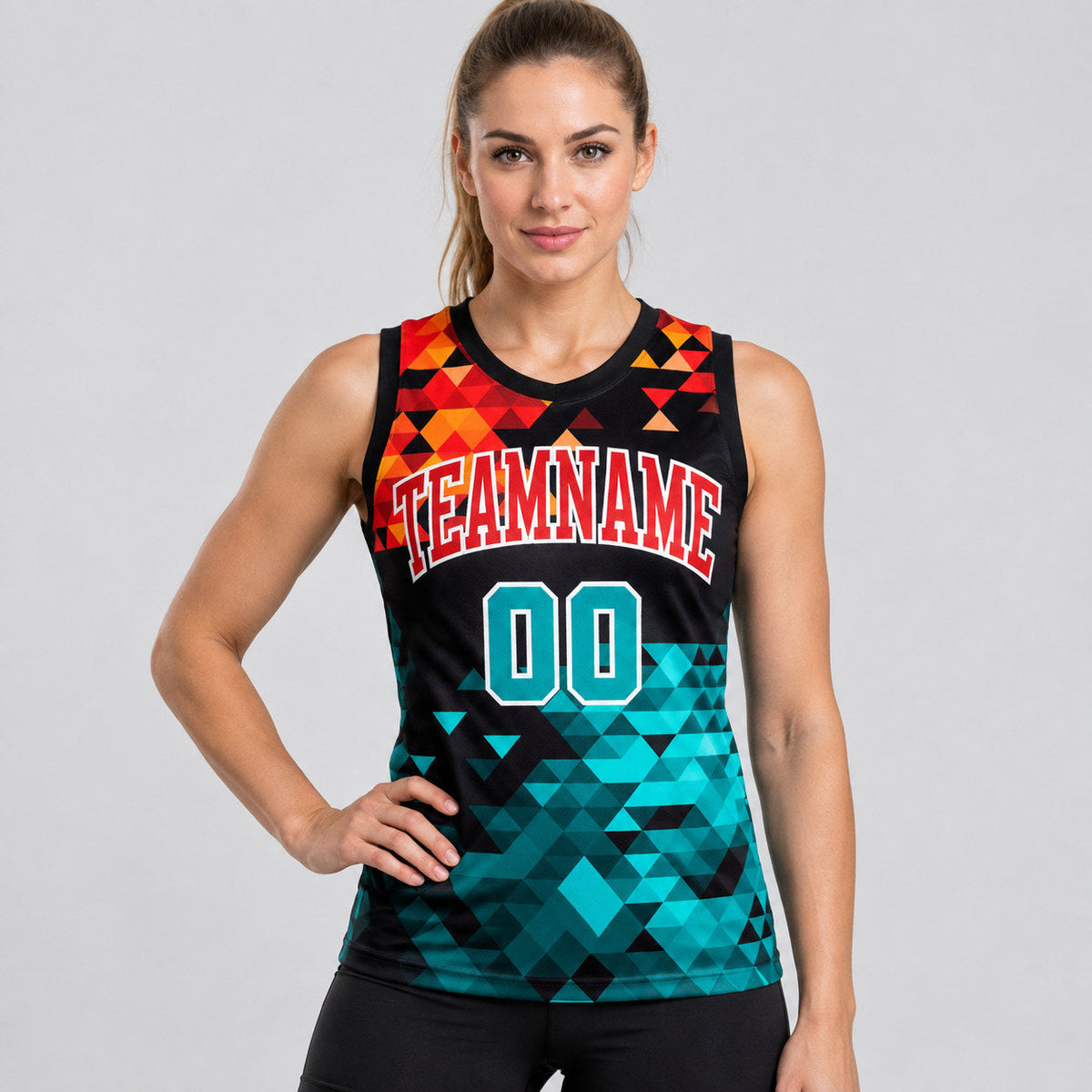 Custom Aqua and Red Figure Round Neck Sublimated Basketball Jersey worn by female model