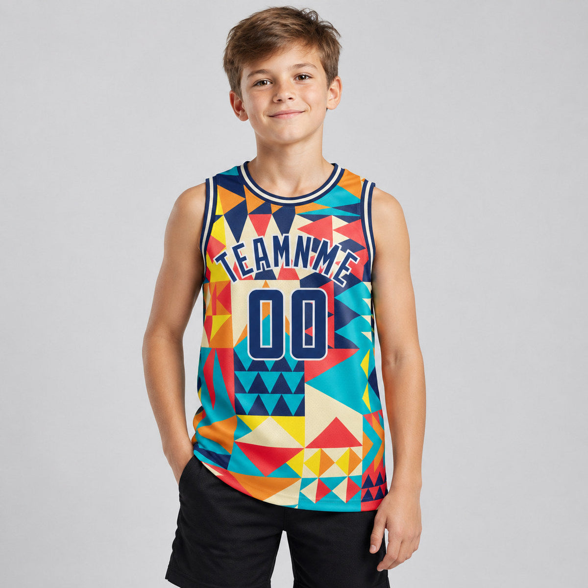 Custom Aqua Geometric Shapes Authentic Basketball Jersey with Royal and White Lettering youth size worn by child model