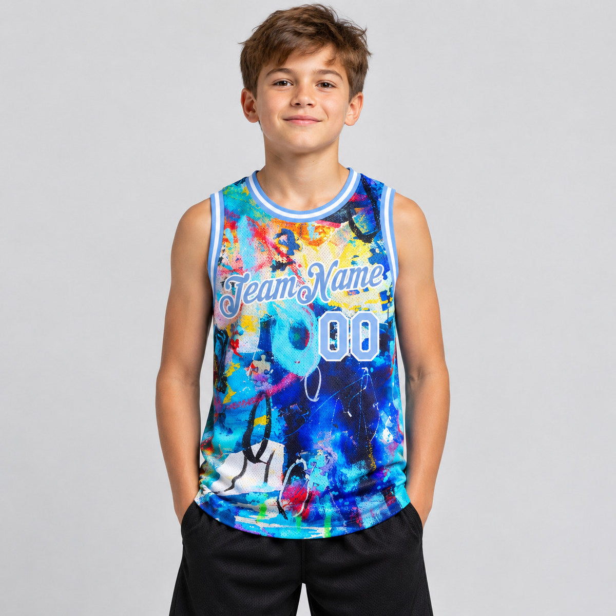 Custom Light Blue and White Graffiti Grunge Art Authentic Basketball Jersey youth size worn by child model