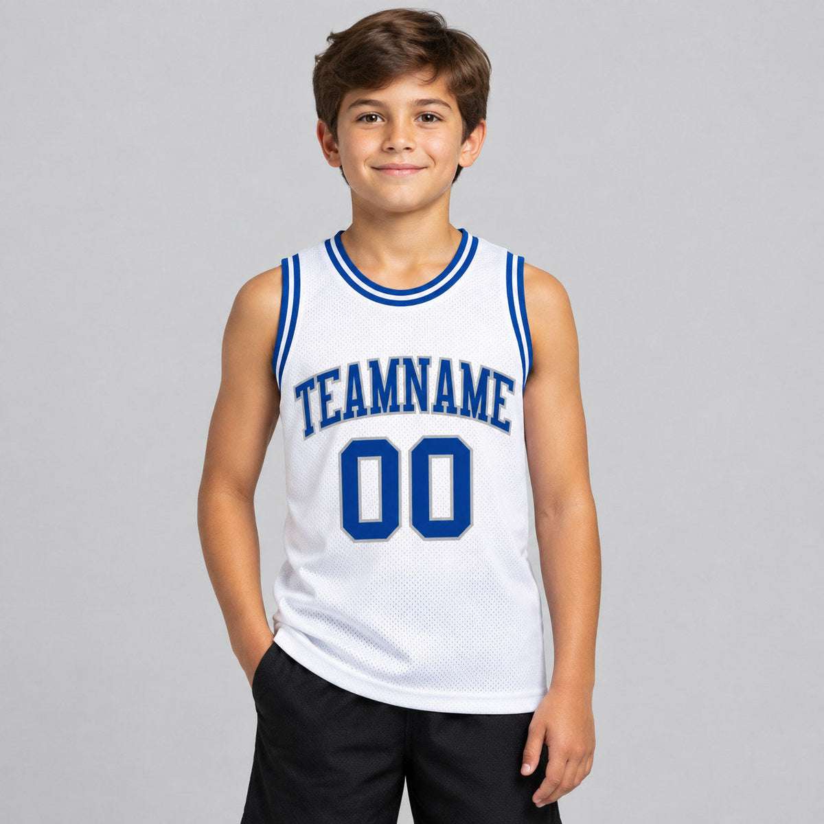 Custom White Authentic Throwback Basketball Jersey with Royal and Gray Lettering youth size worn by child model