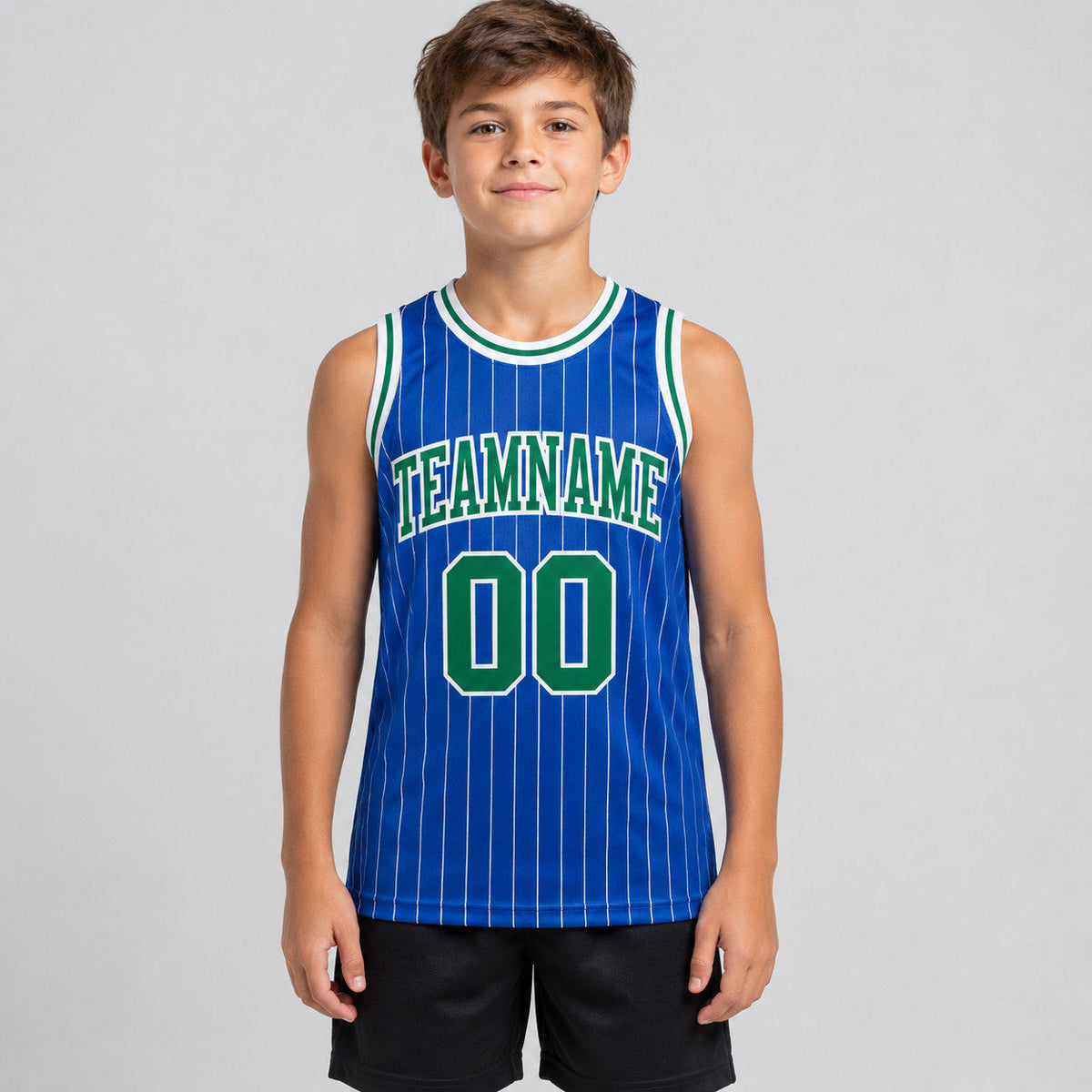 Custom Royal and White Pinstripe Authentic Basketball Jersey with Kelly Green and White Lettering youth size worn by child model