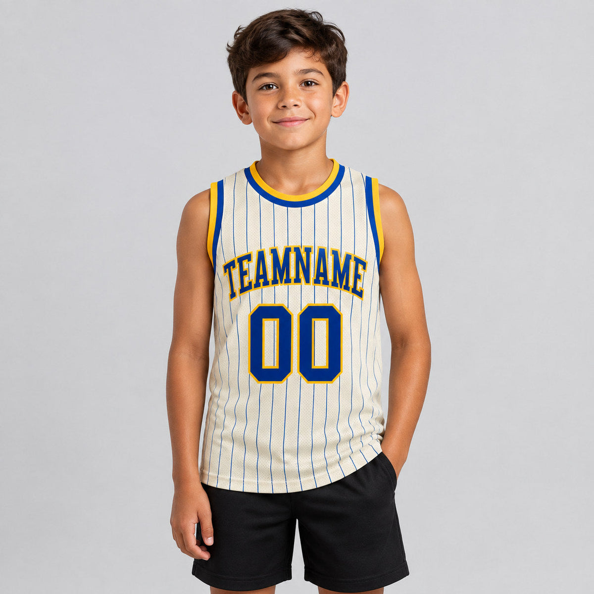 Custom Cream and Royal Pinstripe Authentic Basketball Jersey with Royal and Gold Lettering youth size worn by child model