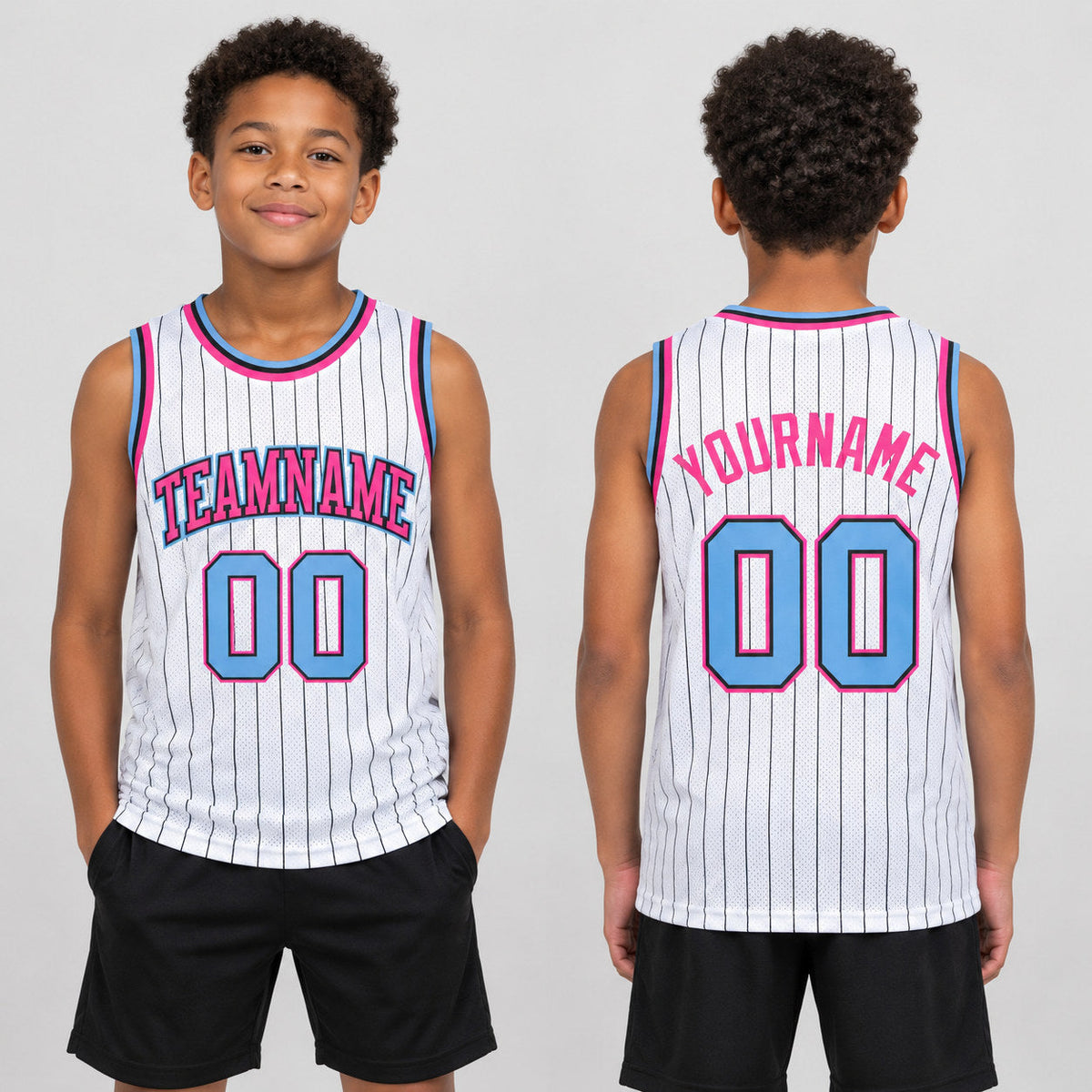 Custom White and Black Pinstripe Authentic Basketball Jersey with Light Blue and Pink Lettering youth size worn by child model