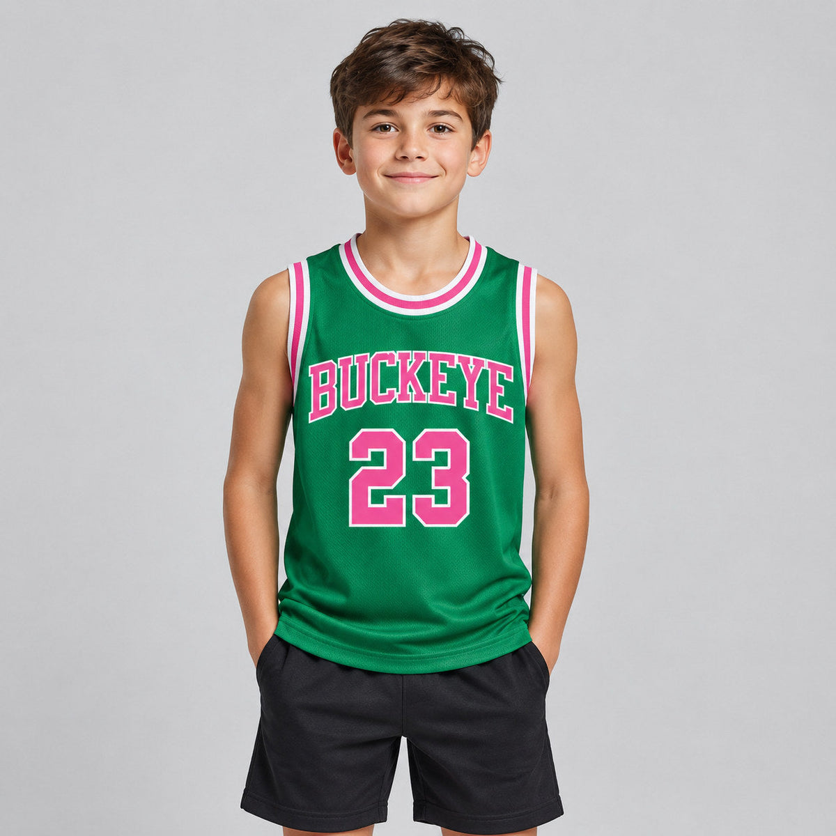 Custom Kelly Green Authentic Throwback Basketball Jersey with Pink and White Lettering youth size worn by child model