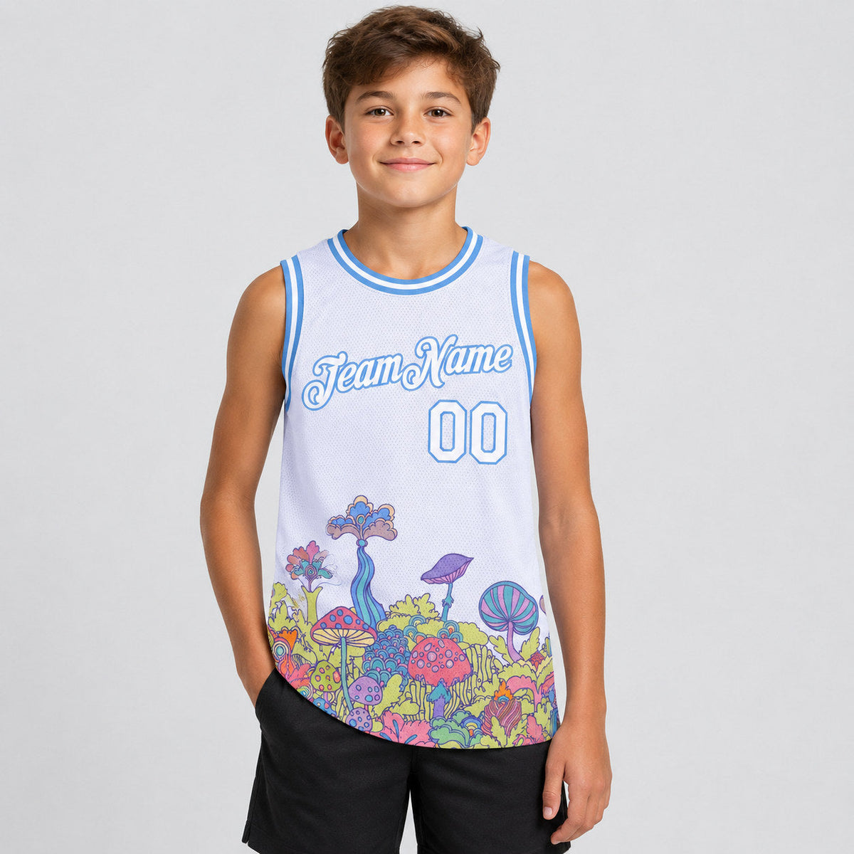 Custom White Colorful Flowers Authentic Basketball Jersey with Light Blue Lettering youth size worn by child model