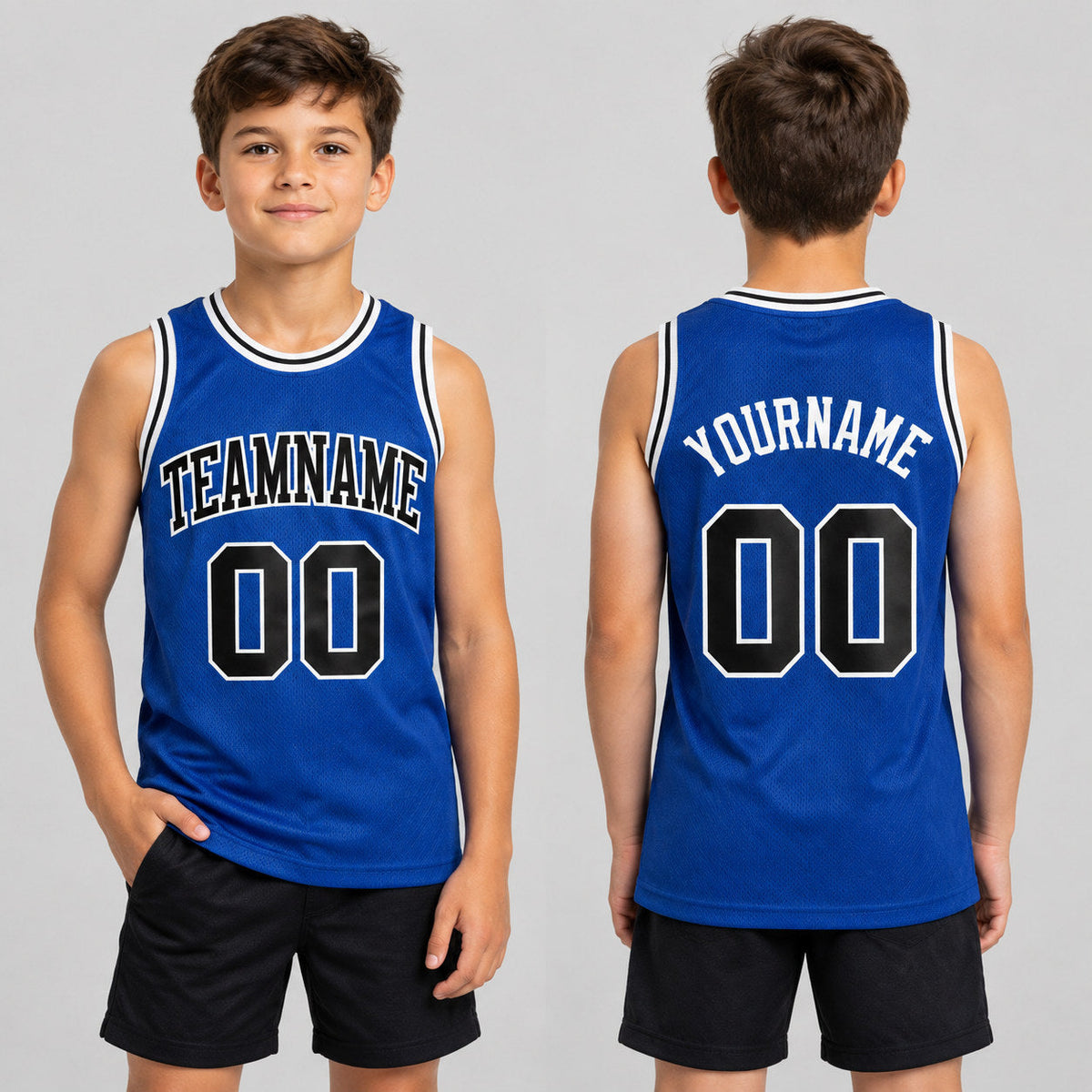 Custom Royal Authentic Throwback Basketball Jersey with Black and White Lettering youth size worn by child model
