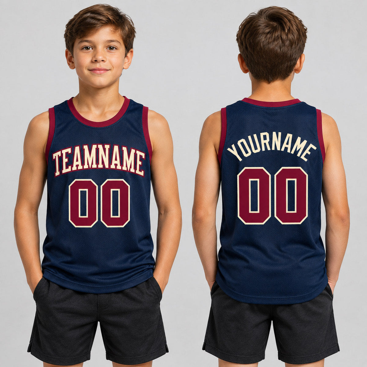 Custom Navy Authentic Throwback Basketball Jersey with Maroon and Cream Lettering youth size worn by child model