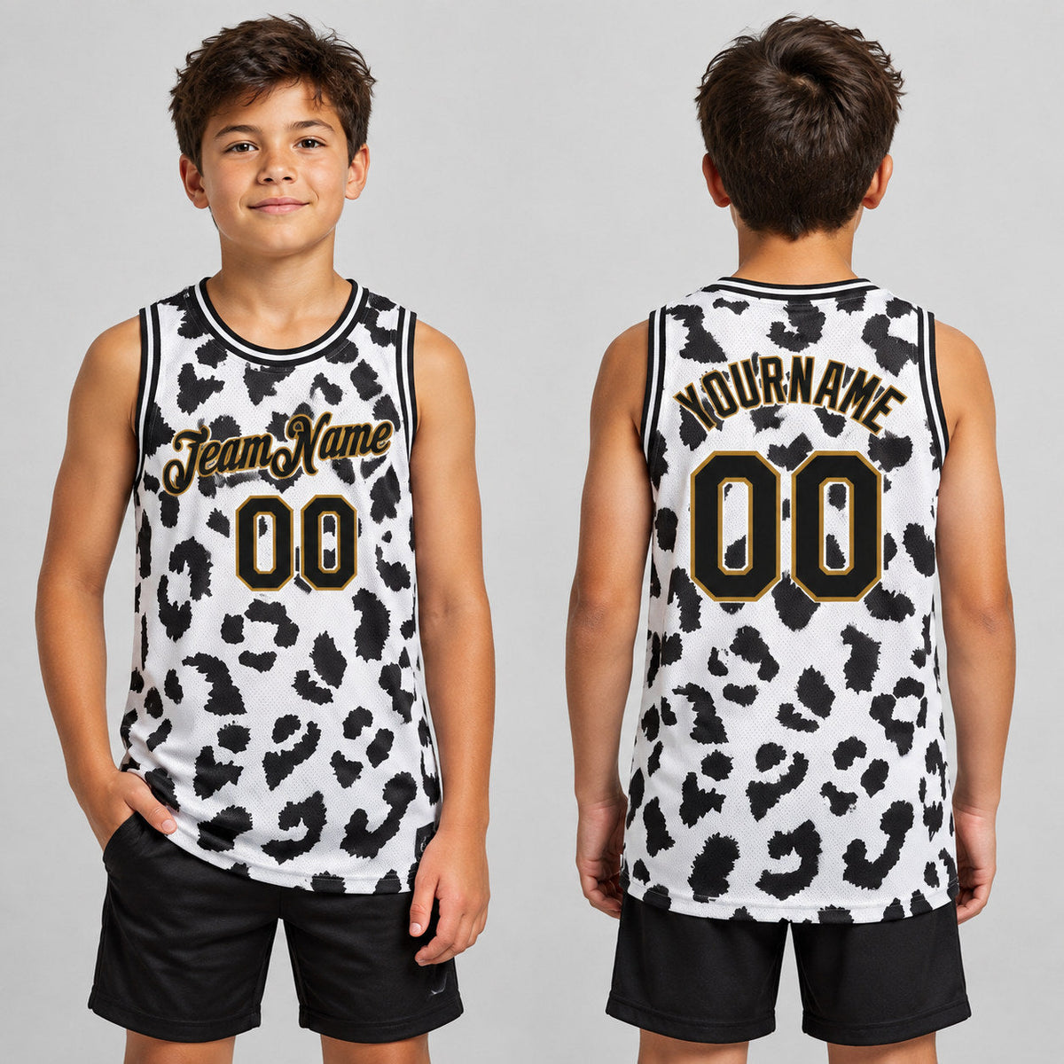 Custom White Leopard Print Authentic Basketball Jersey with Black and Old Gold Lettering youth size worn by child model