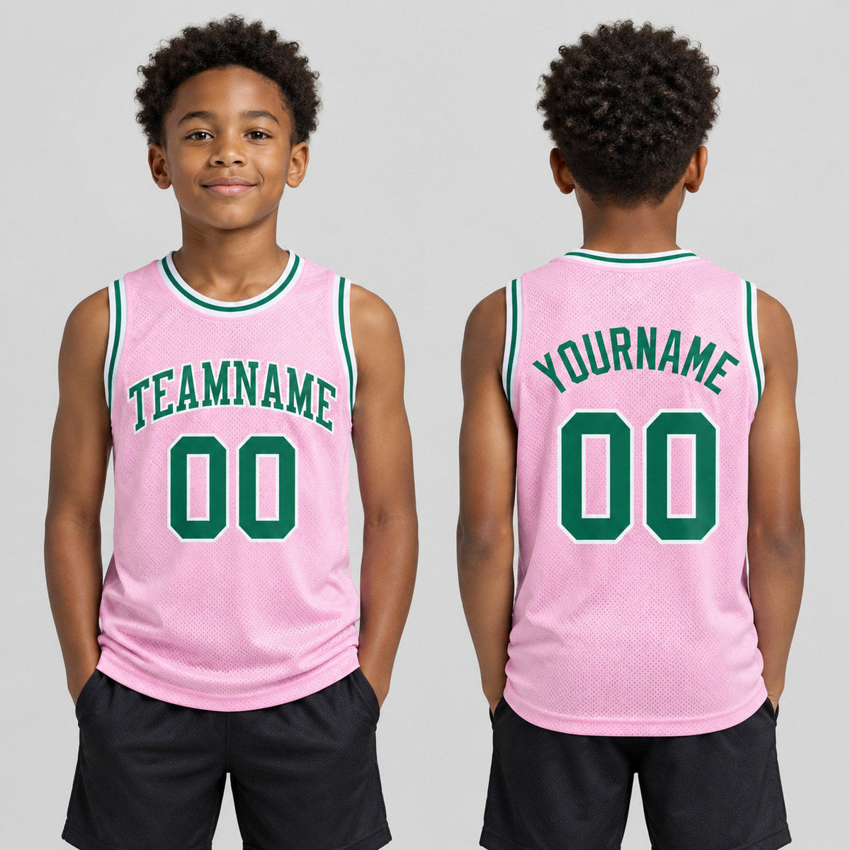 Custom Light Pink Authentic Throwback Basketball Jersey with Kelly Green and White Lettering youth size worn by child model
