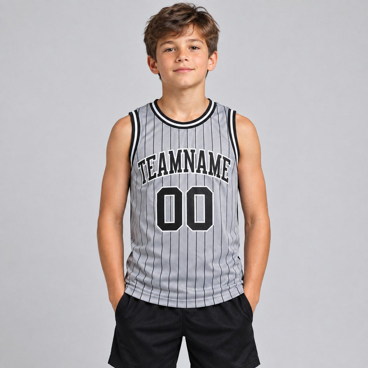 Custom Gray and Black Pinstripe Authentic Basketball Jersey with Black and White Lettering Design 0440 youth size worn by child model
