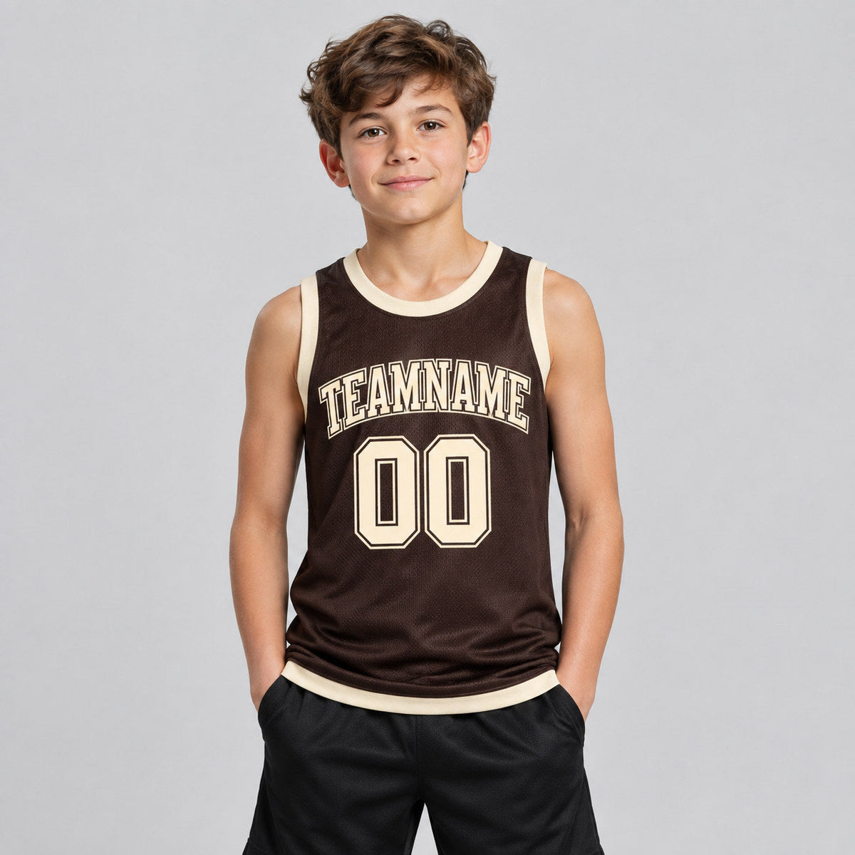 Custom Brown Authentic Basketball Jersey with Cream Lettering youth size worn by child model