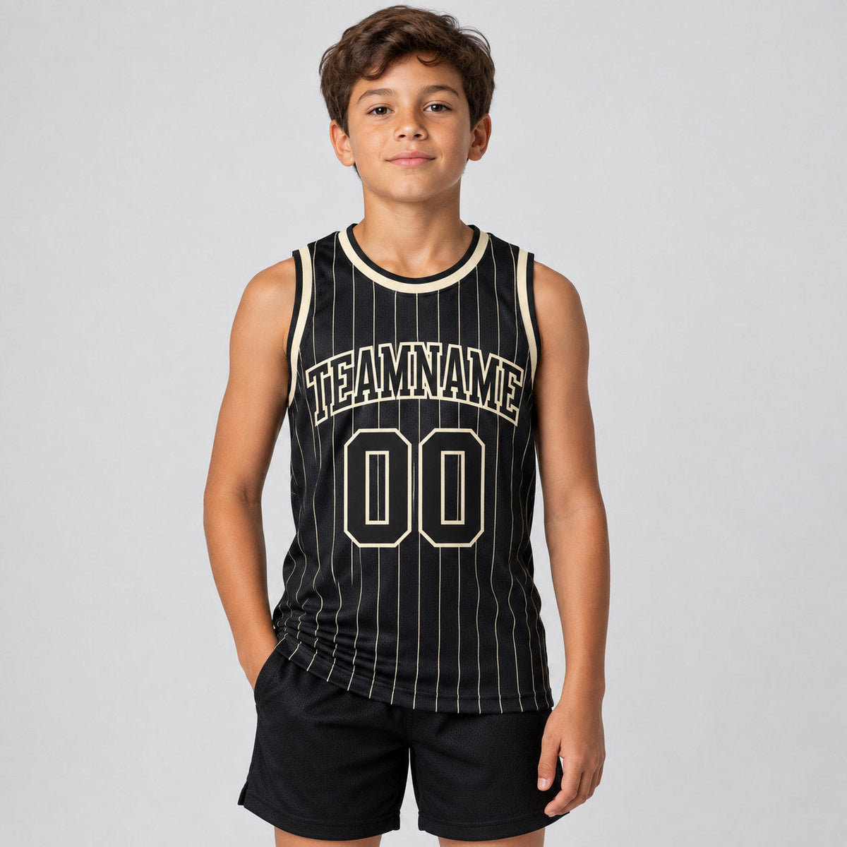 Custom Black and Cream Pinstripe Authentic Basketball Jersey with Black and Cream Lettering youth size worn by child model