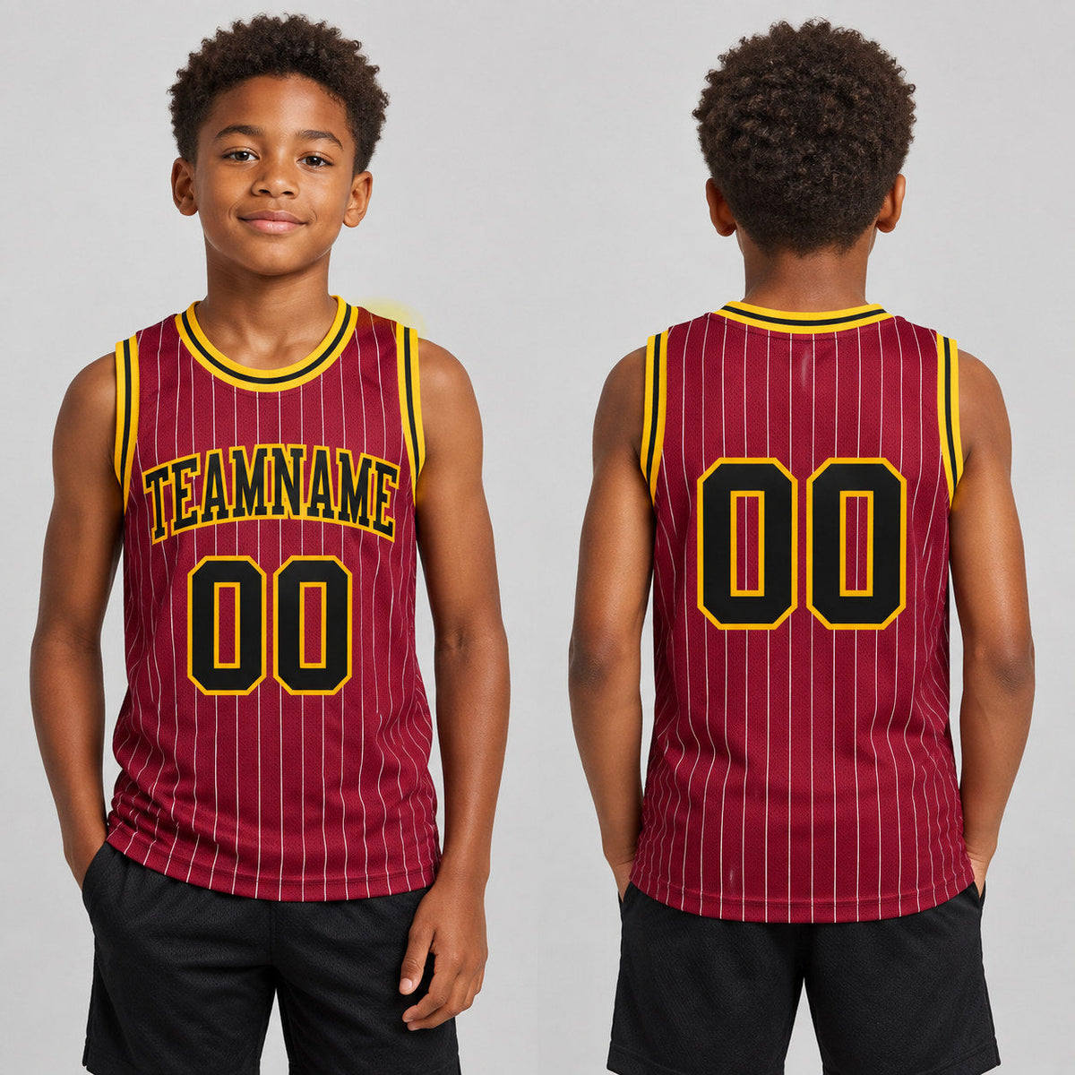 Custom Maroon and White Pinstripe Authentic Basketball Jersey with Black and Gold Lettering youth size worn by child model