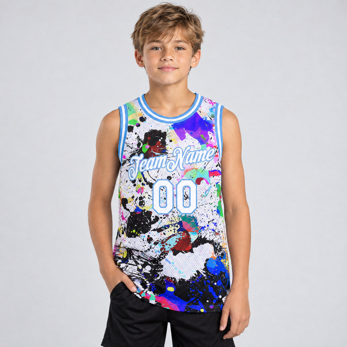 Custom White and Light Blue Graffiti Grunge Art Authentic Basketball Jersey youth size worn by child model