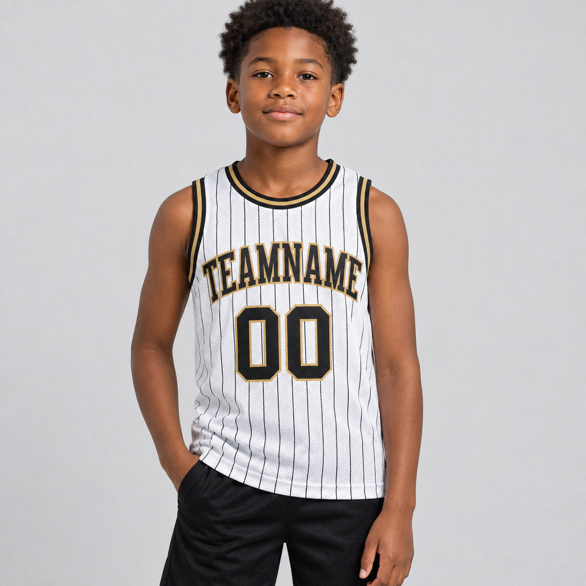 Custom White and Black Pinstripe Authentic Basketball Jersey with Black and Old Gold Lettering youth size worn by child model