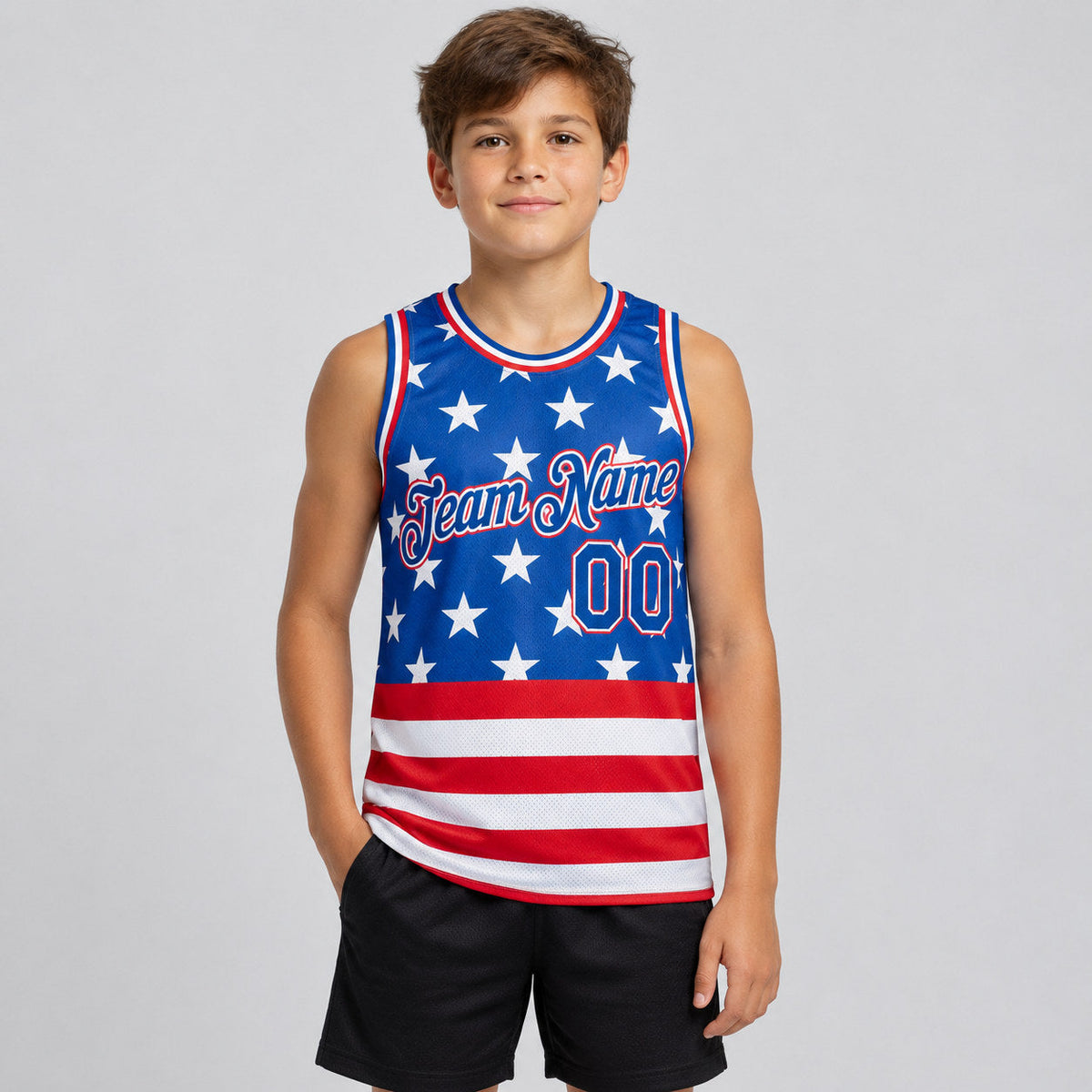 Custom Royal American Flag Authentic Basketball Jersey with Royal and Red Lettering youth size worn by child model