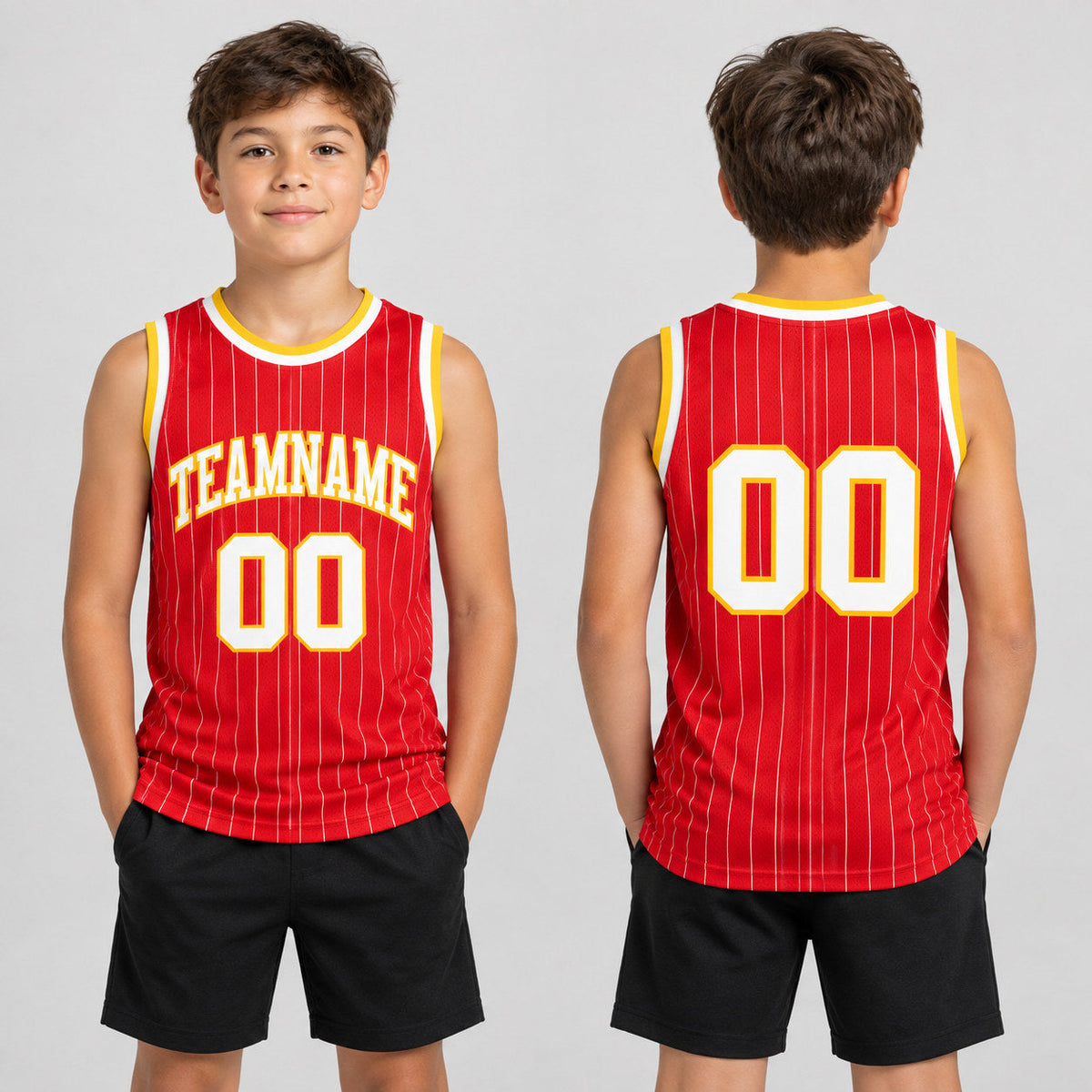 Custom Red and White Pinstripe Authentic Basketball Jersey with White and Gold Lettering Design 0572 youth size worn by child model