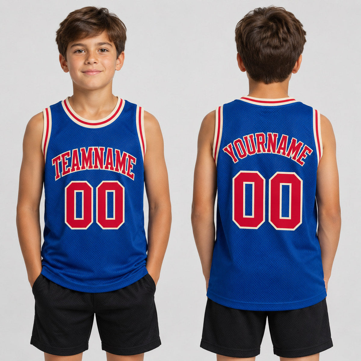 Custom Royal Authentic Throwback Basketball Jersey with Red and Cream Lettering youth size worn by child model