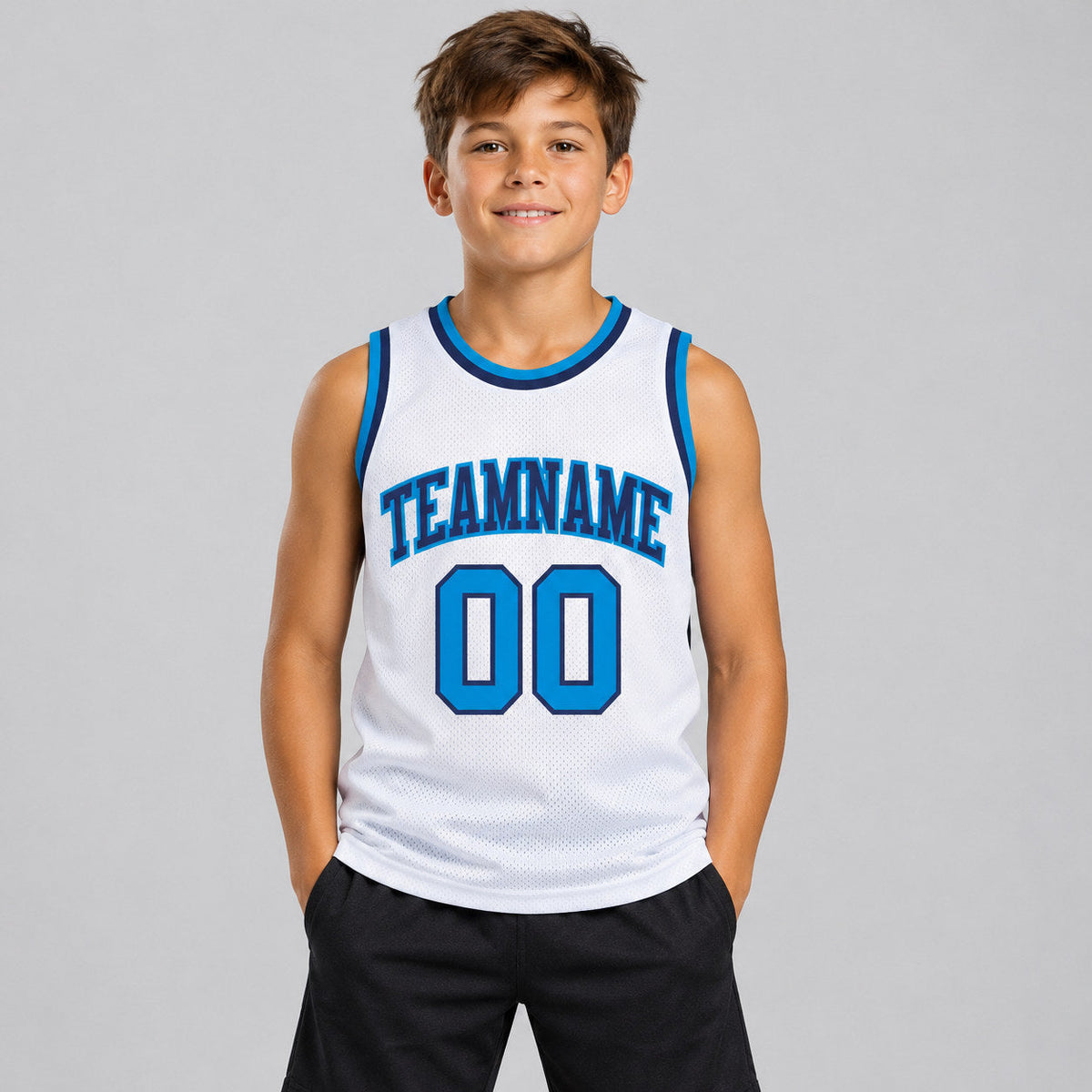 Custom White Authentic Throwback Basketball Jersey with Blue and Navy Lettering Design 0984 youth size worn by child model
