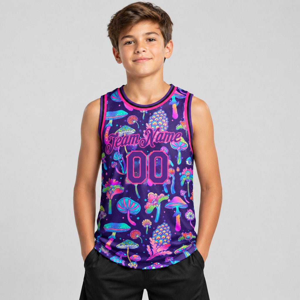 Custom Purple Flowers And Mushrooms Authentic Basketball Jersey with Pink Lettering youth size worn by child model