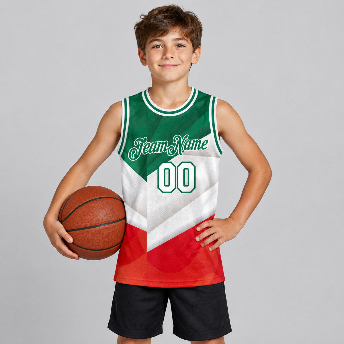 Custom Kelly Green Mexico Authentic Basketball Jersey with White and Red Lettering youth size worn by child model