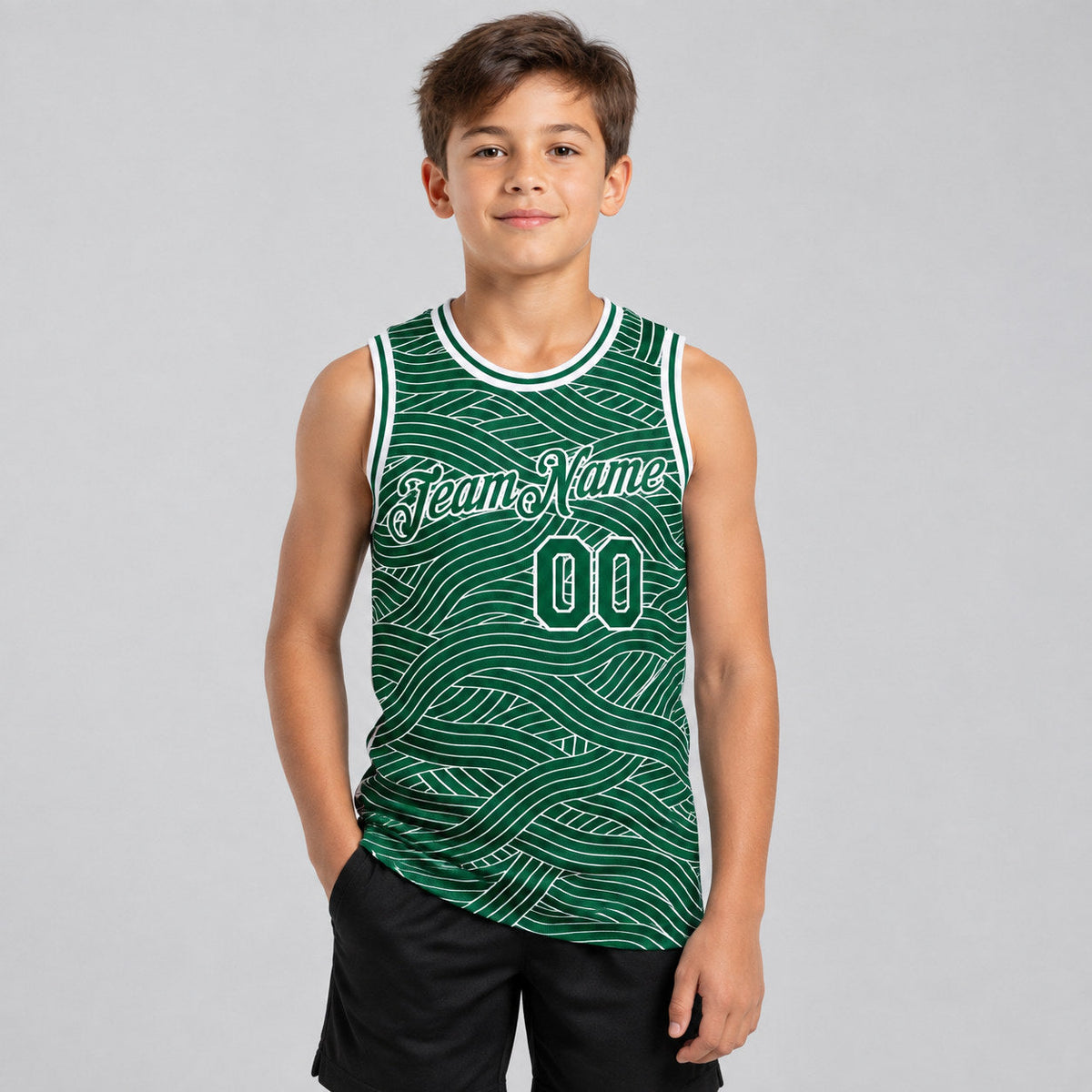 Custom Green City Edition Authentic Basketball Jersey with White Lettering youth size worn by child model