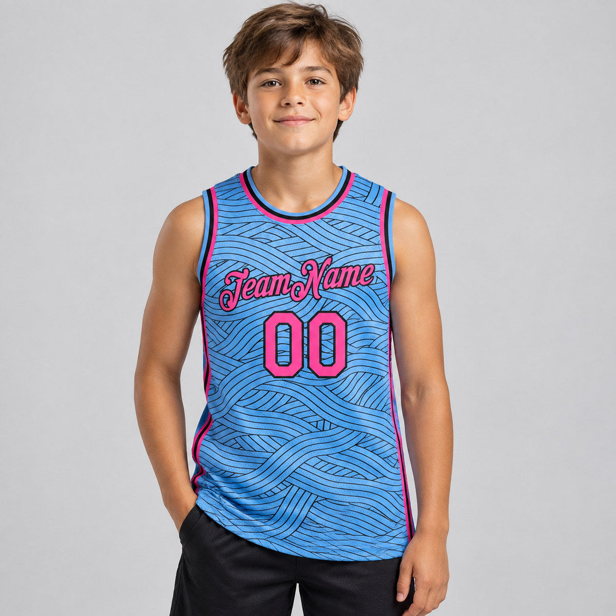 Custom Light Blue City Edition Authentic Basketball Jersey with Pink and Black Lettering youth size worn by child model
